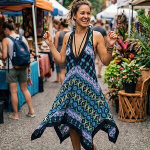 Festival Boho Geometric Halter Hanky Hem Dress, Blue Purple Green Print, Size L